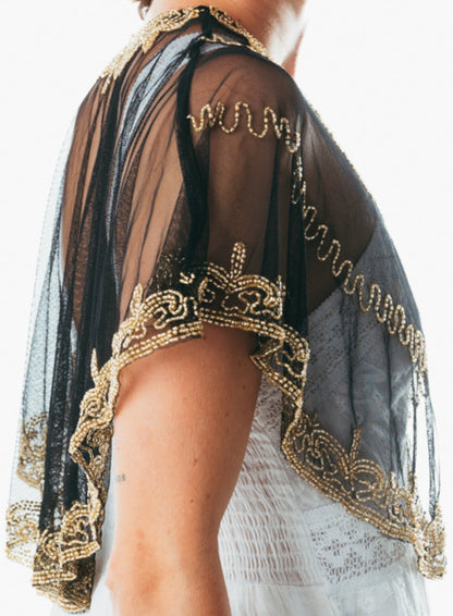 Beaded special occasion shrug / Black Gold shiny evening capelet / Sequin Poncho