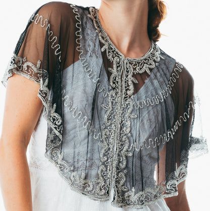 Beaded special occasion shrug / Black Gold shiny evening capelet / Sequin Poncho