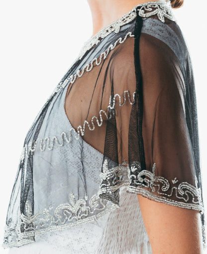 Beaded special occasion shrug / Black Gold shiny evening capelet / Sequin Poncho