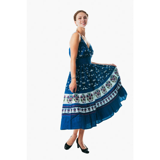 New Sexy Spaghetti Strap Midi Dress Casual Lady blue floral Beach Sash Dress