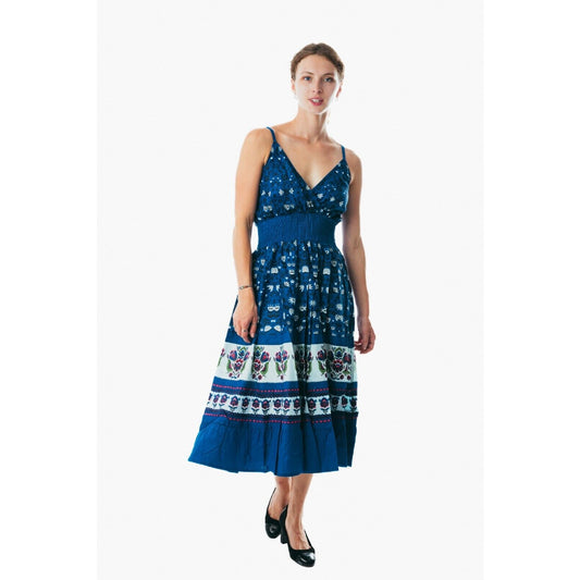 New Sexy Spaghetti Strap Midi Dress Casual Lady blue floral Beach Sash Dress