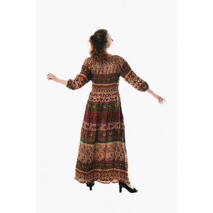 Colorful peasant maxi dress 3/4 sleeve off shoulder boho summer floral blue