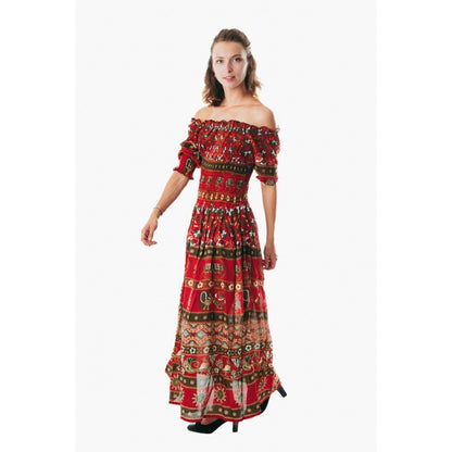 Colorful peasant maxi dress half sleeve off shoulder boho summer floral blue