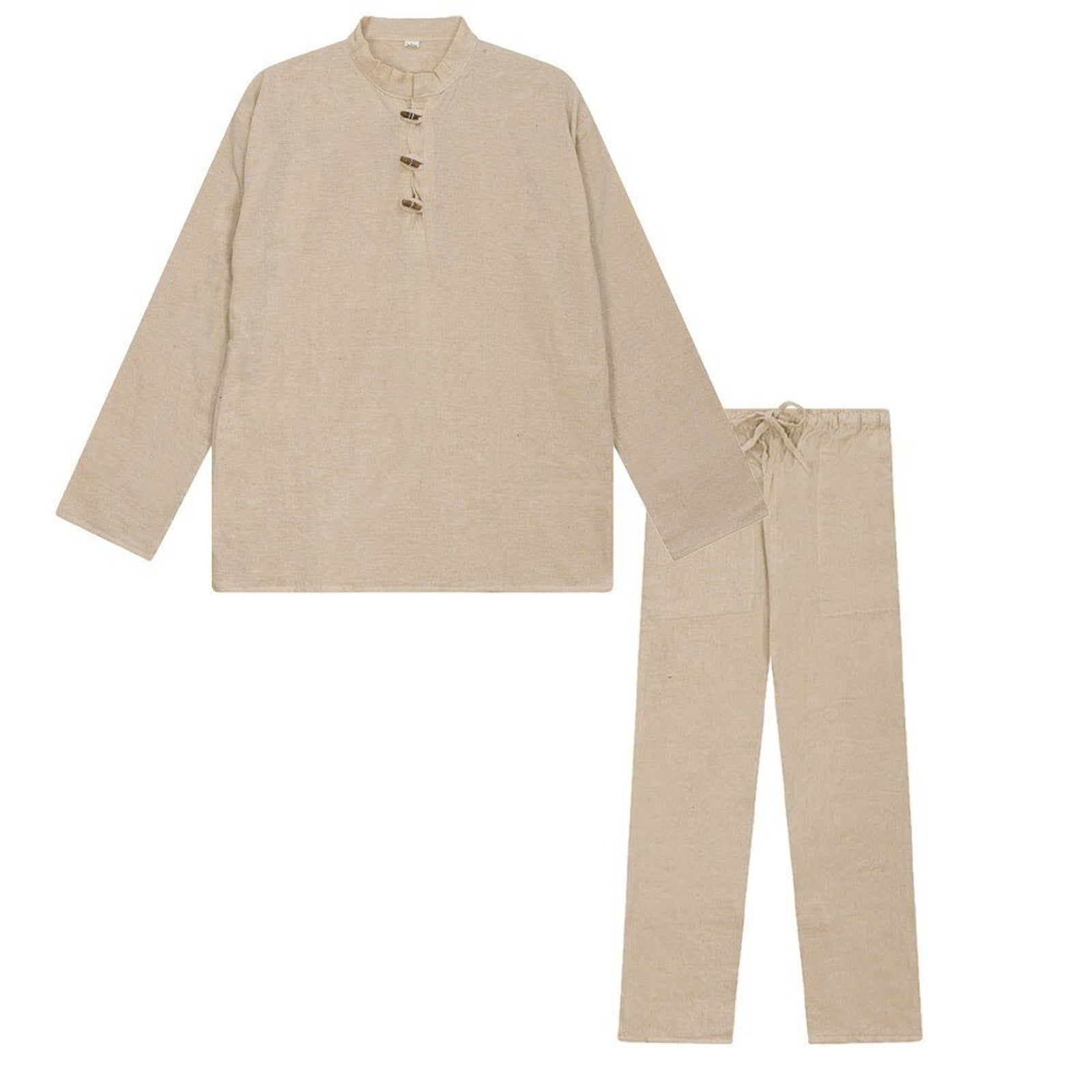 Men's Summer Casual Loose Two Piece Sets Beach Solid Cotton Linen Man Suit long