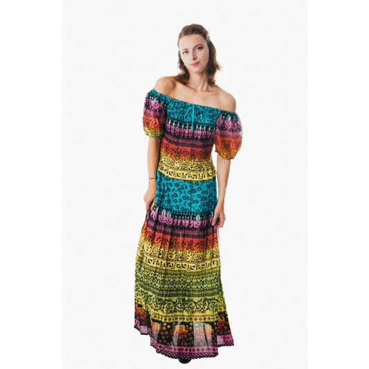 Colorful peasant maxi dress short sleeve off shoulder boho summer floral tie dye