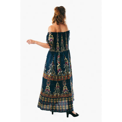 Colorful peasant maxi dress short sleeve off shoulder boho summer floral argyle