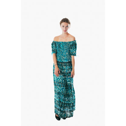 Colorful peasant maxi dress short sleeve off shoulder boho summer floral tie dye