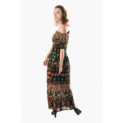 Colorful peasant maxi dress half sleeve off shoulder boho summer floral blue