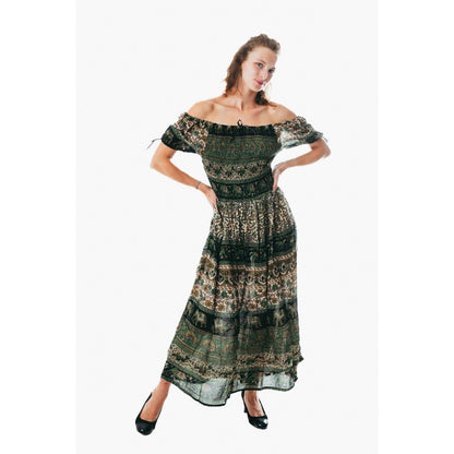 Colorful peasant maxi dress short sleeve off shoulder boho summer floral pesley