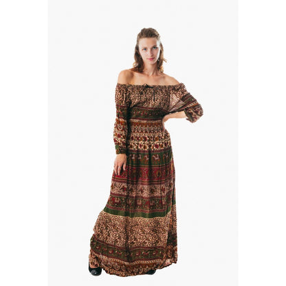 Colorful peasant maxi dress 3/4 sleeve off shoulder boho summer floral blue