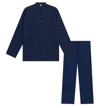 Men's Summer Casual Loose Two Piece Sets Beach Solid Cotton Linen Man Suit long