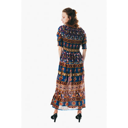 Colorful peasant maxi dress half sleeve off shoulder boho summer floral blue