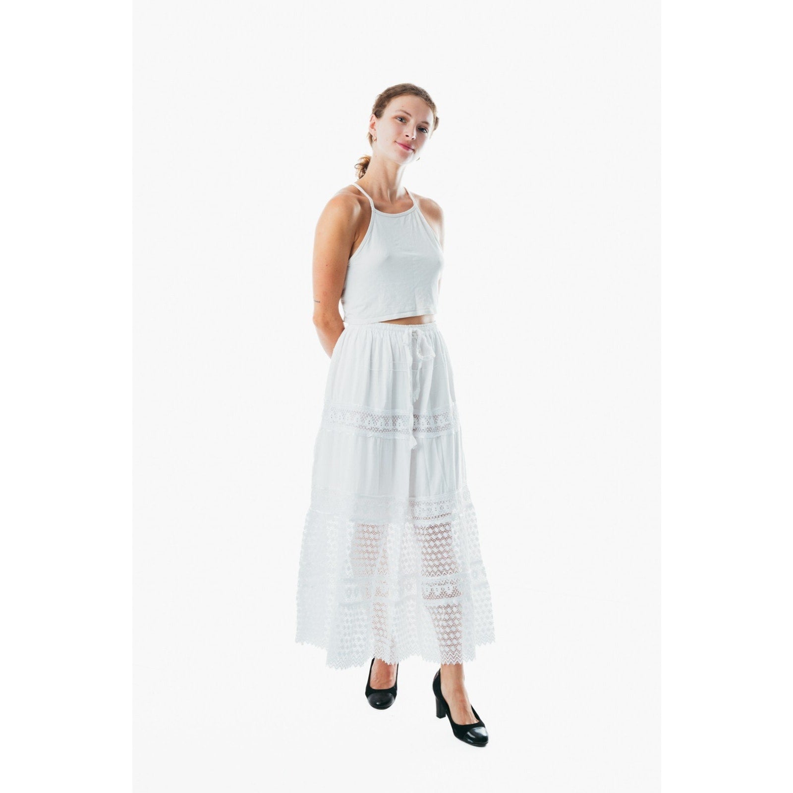 Flowy white a line maxi skirt frock wrap for ladies